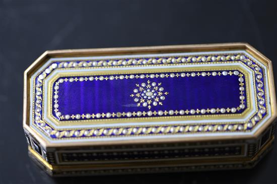 A good late 18th century French gold, guilloche enamel and simulated pearl snuff box by Auguste-Auguste Heguin, Paris